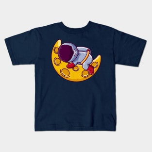 Cute Astronaut Sleeping on Moon Cartoon Kids T-Shirt